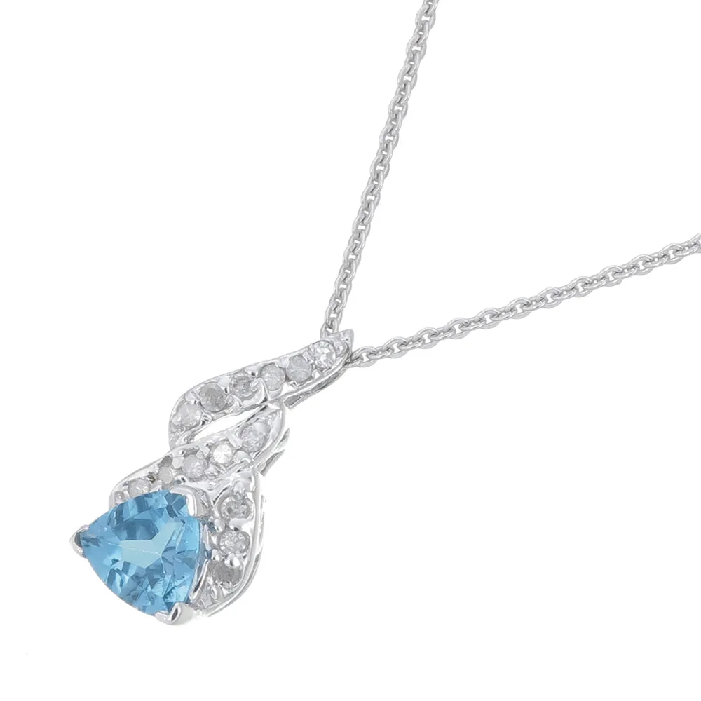 0.75 cttw Trillion Cut Blue Topaz and Diamond Pendant in 14K White Gold 18" Chain