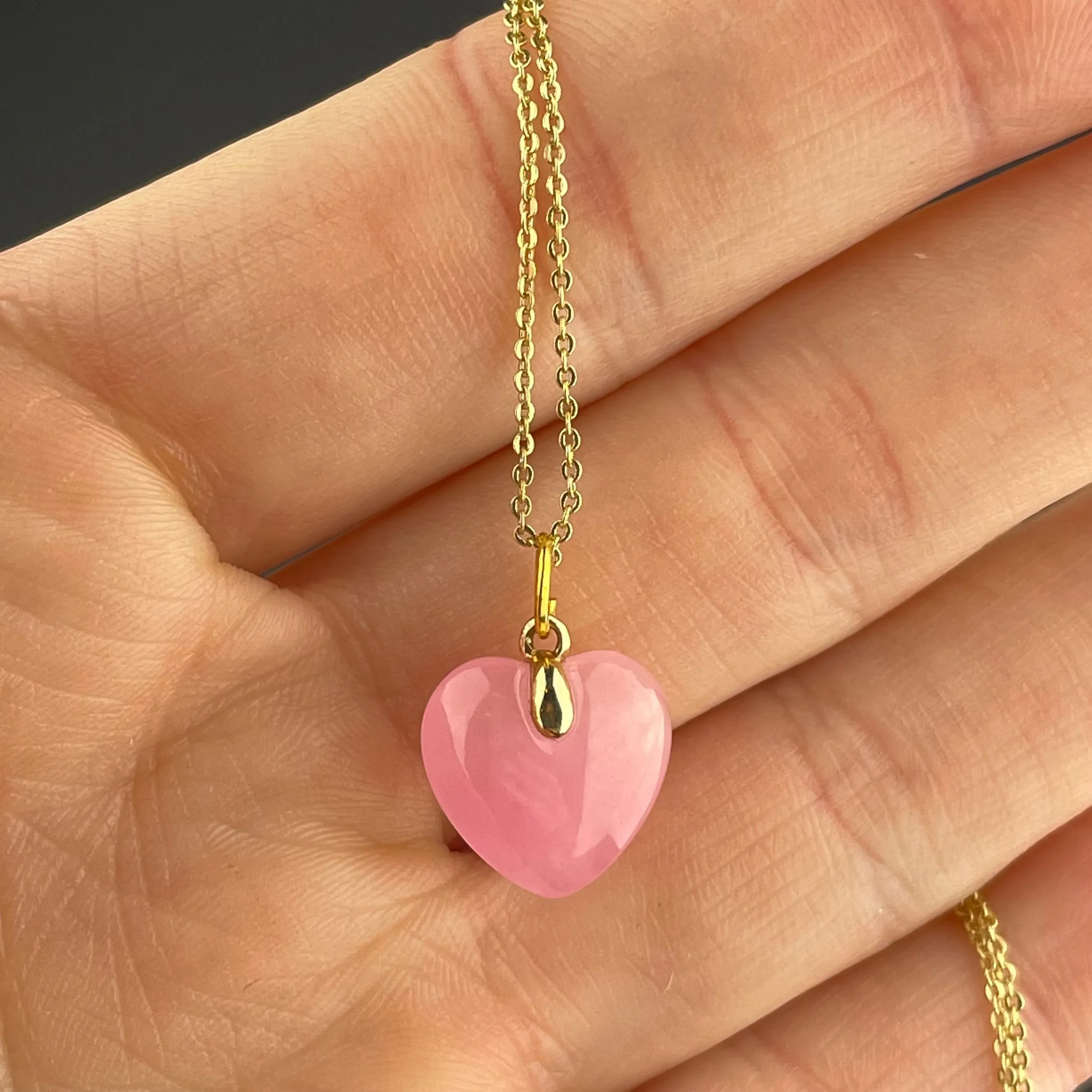 14K Gold Pink Jade Heart Pendant Necklace