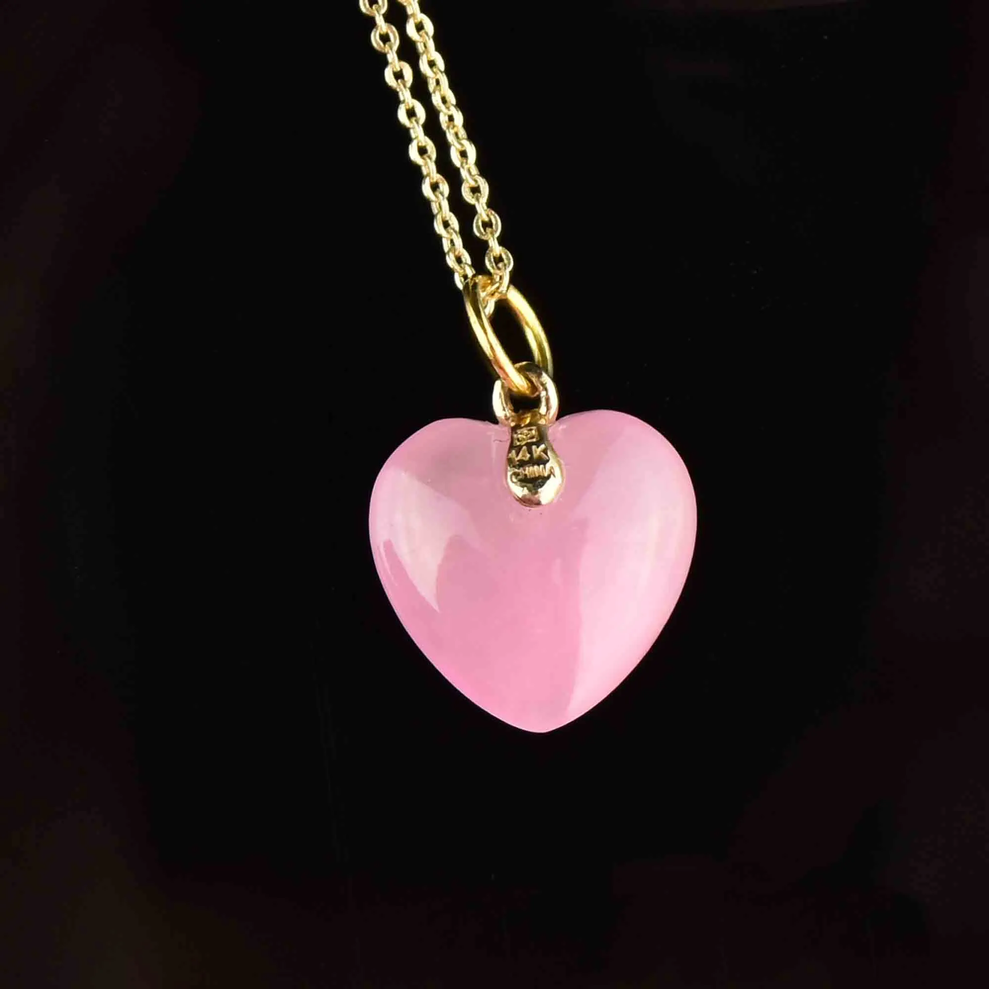 14K Gold Pink Jade Heart Pendant Necklace