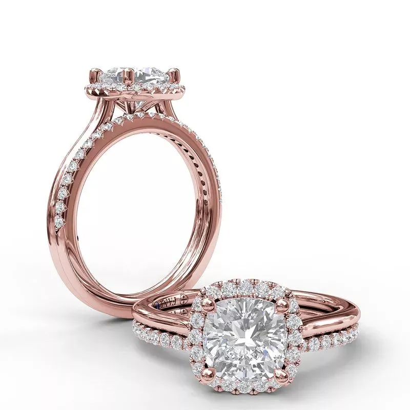 14K ROSE GOLD CUSHION-SHAPE DIAMOND HALO SEMI-MOUNT ENGAGEMENT RING (SETTING ONLY)