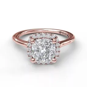 14K ROSE GOLD CUSHION-SHAPE DIAMOND HALO SEMI-MOUNT ENGAGEMENT RING (SETTING ONLY)