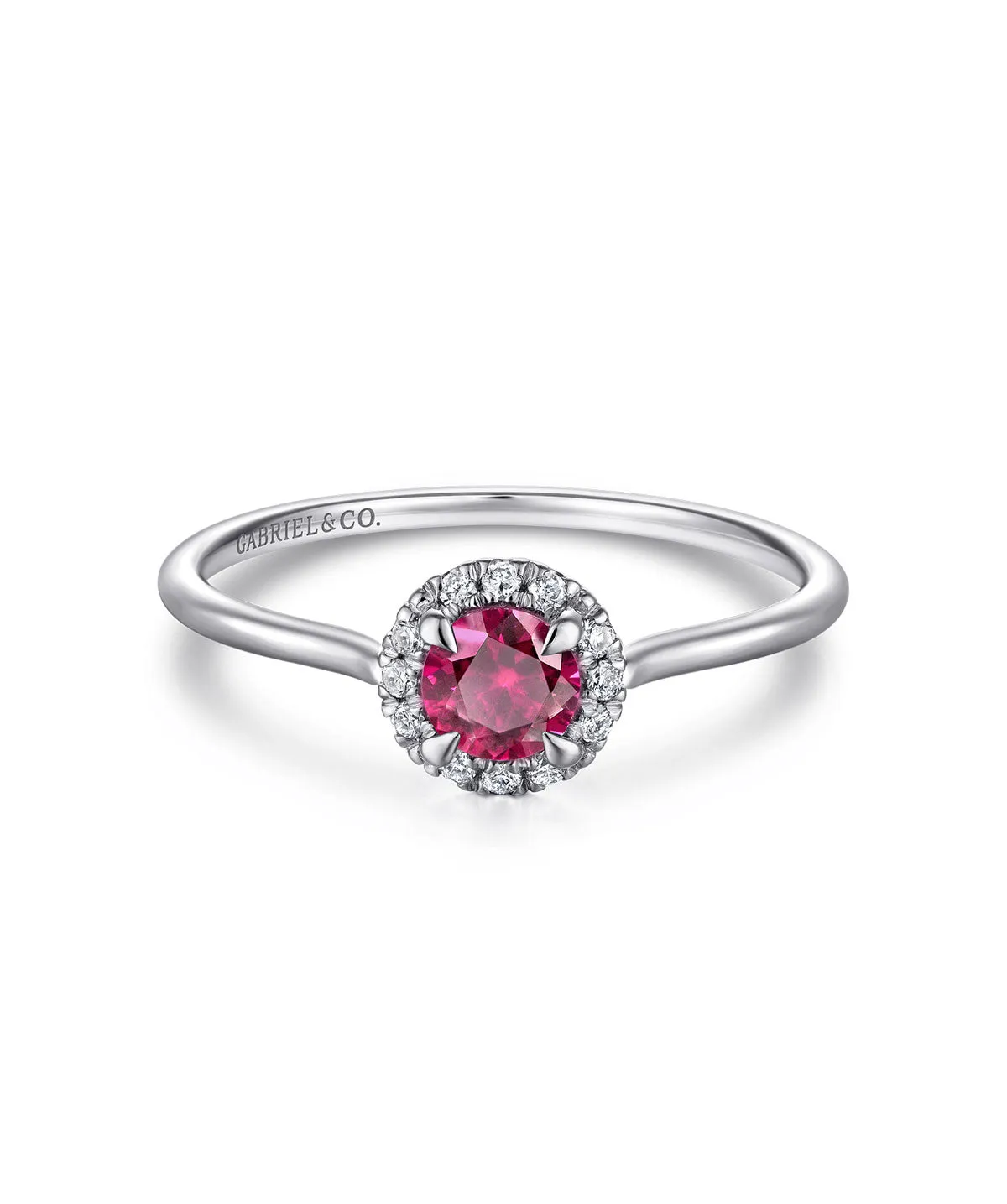 14K White Gold Ruby and Diamond Halo Promise Ring