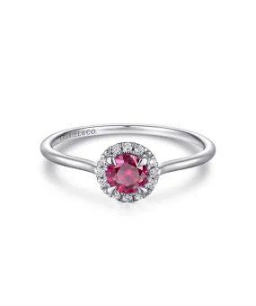 14K White Gold Ruby and Diamond Halo Promise Ring