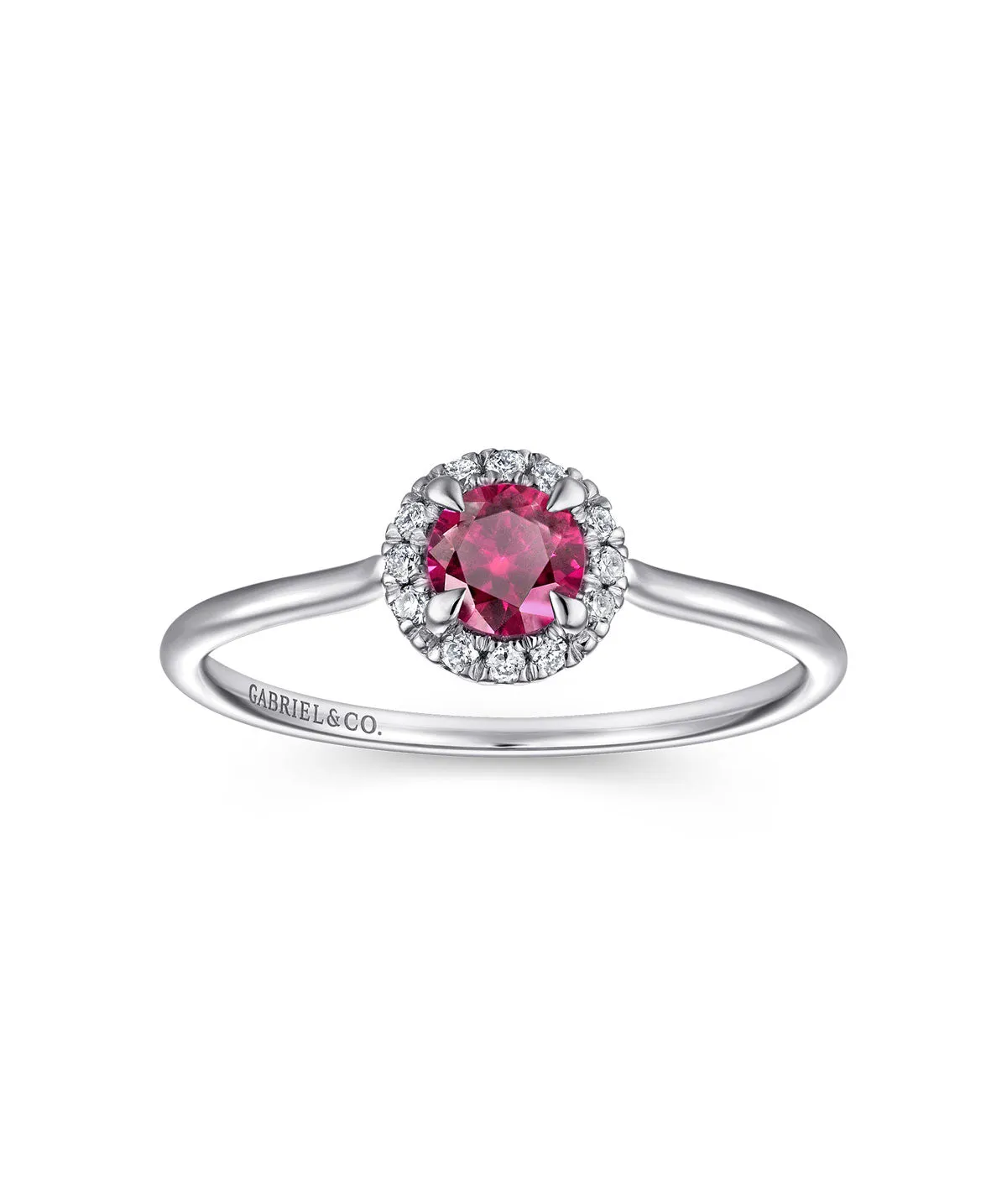 14K White Gold Ruby and Diamond Halo Promise Ring