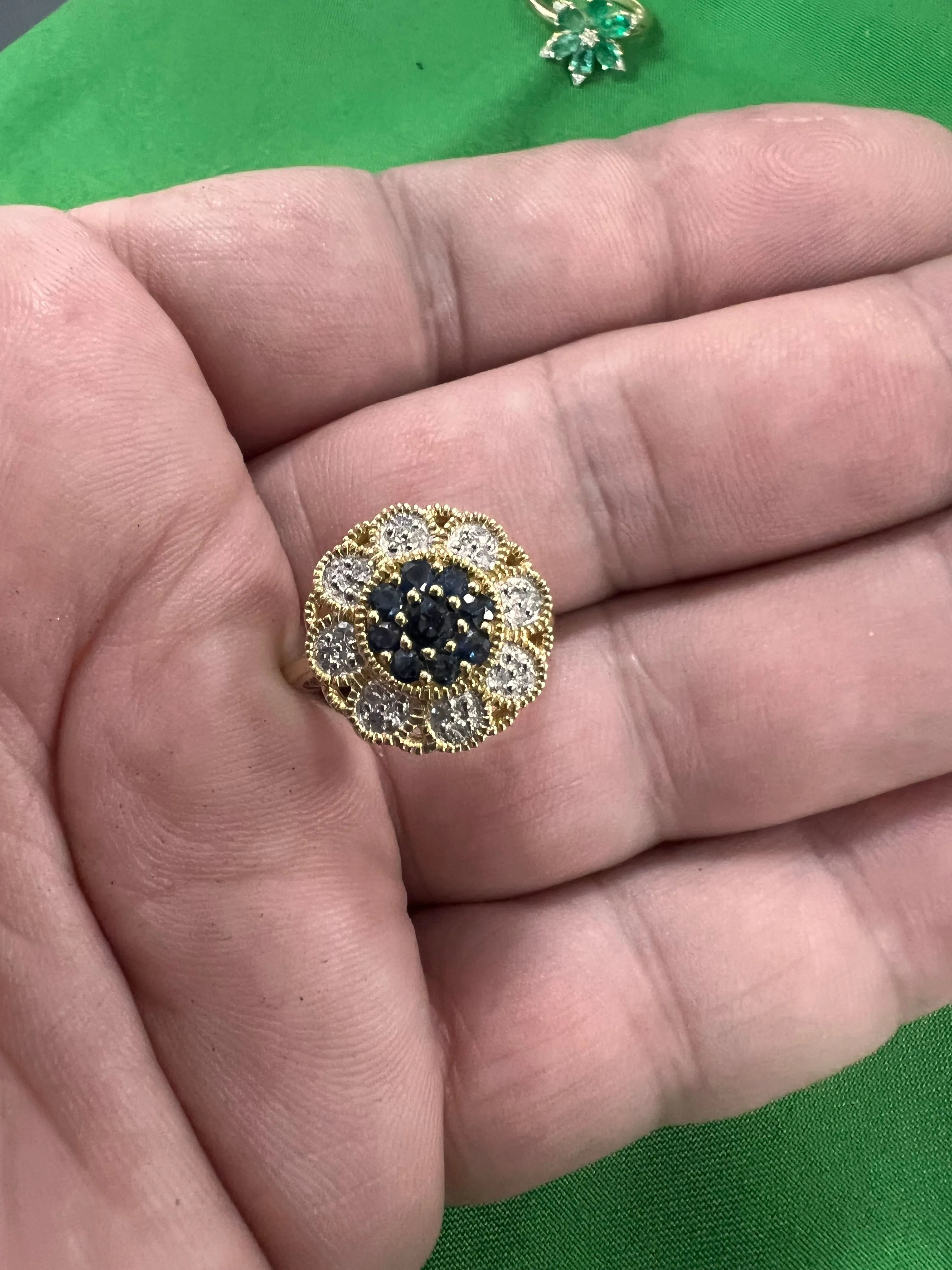 14K Yellow gold sun flower blue sapphire and diamonds ring-19586