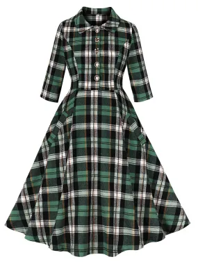 1950S Green Turndown Collar Plaid Short Sleeve Vintage Dress With Pockets