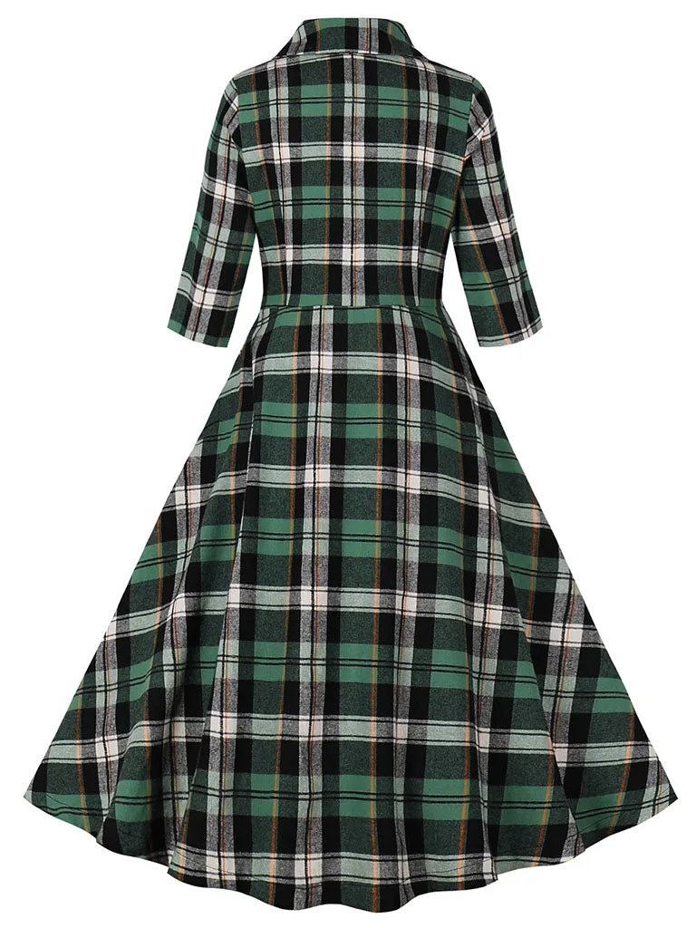 1950S Green Turndown Collar Plaid Short Sleeve Vintage Dress With Pockets