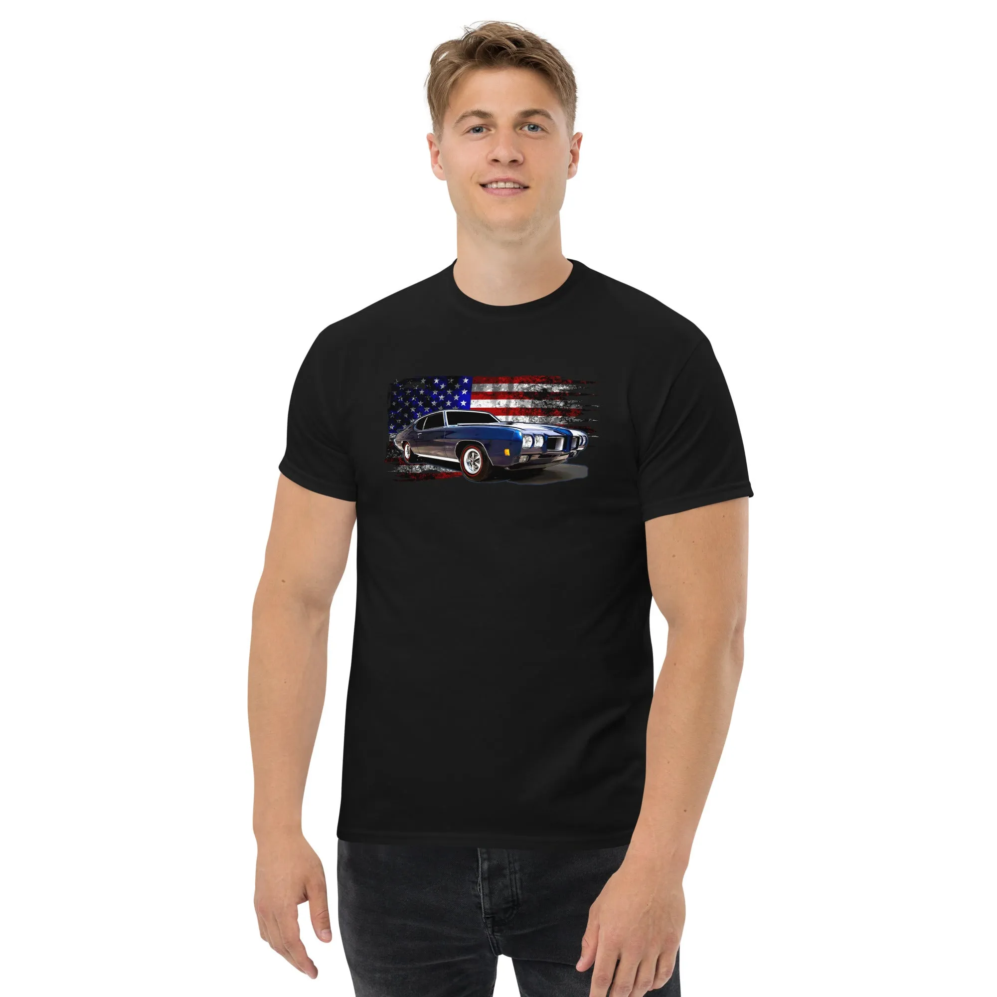 1970 GTO American Muscle Car T-Shirt With American Flag Design