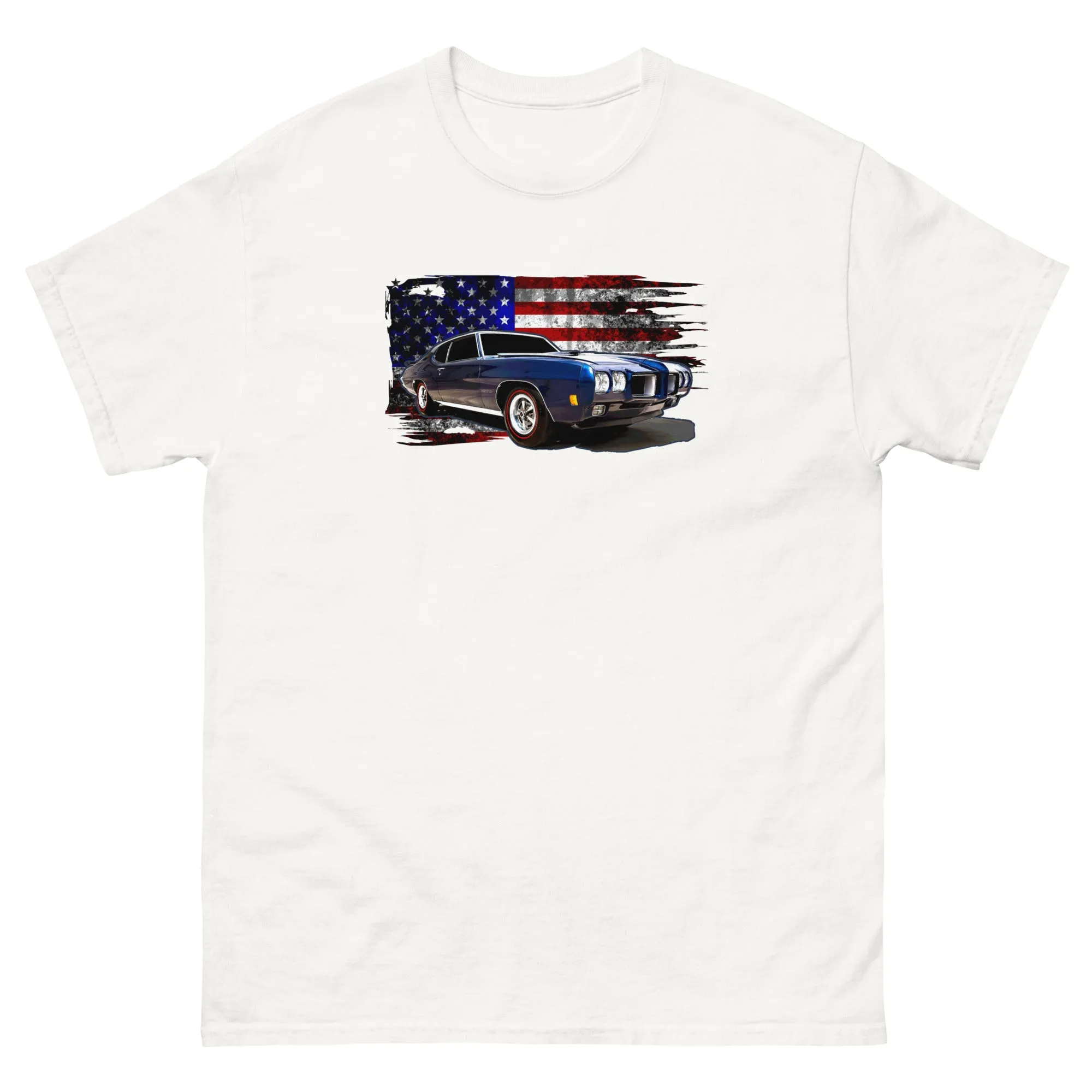 1970 GTO American Muscle Car T-Shirt With American Flag Design