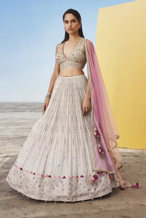 310075 Off White Embroidered Georgette Lehenga with Pink Dupatta