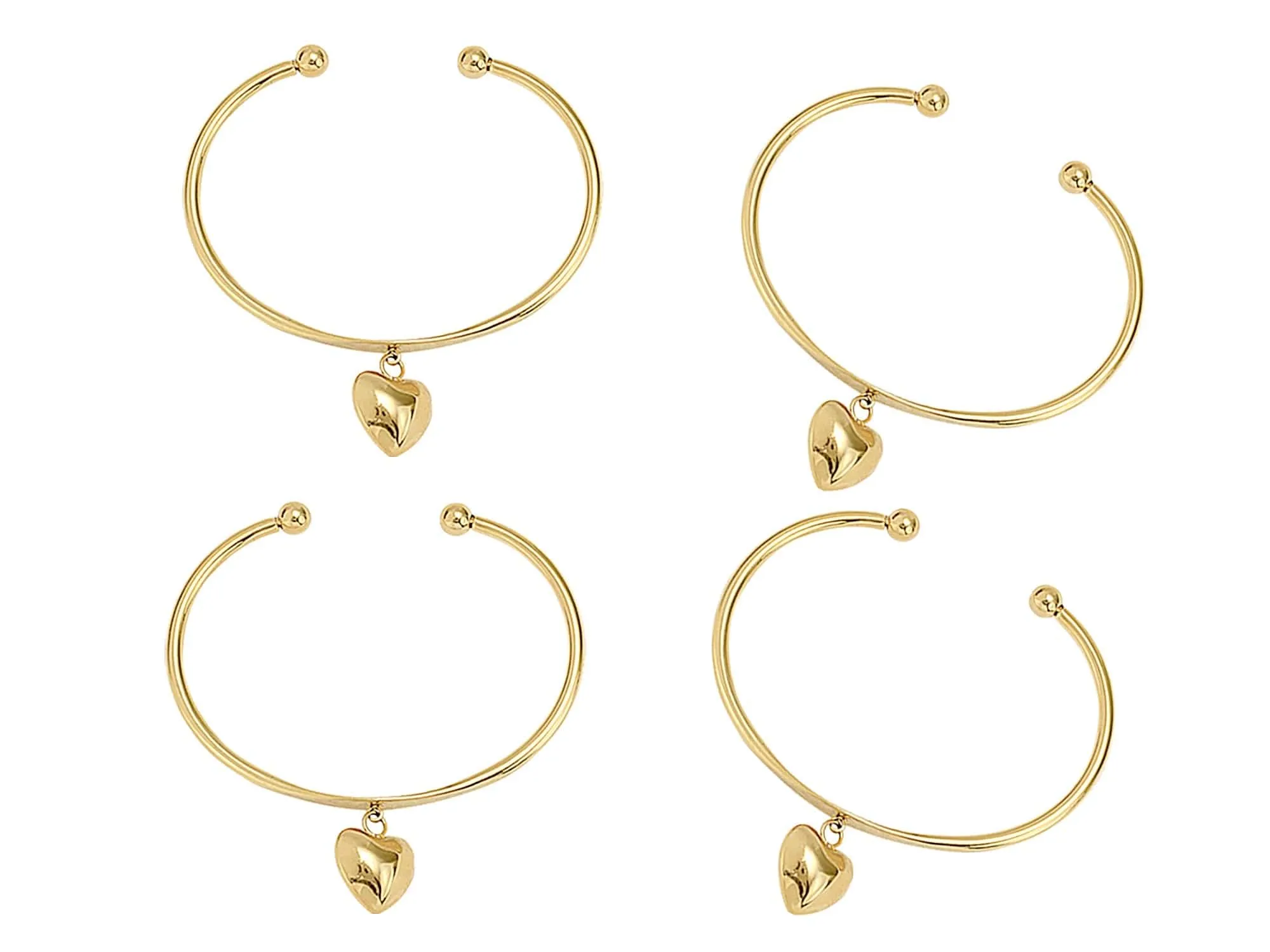 4 Golden Stainless Steel Open Bangles with Puff Heart Charm