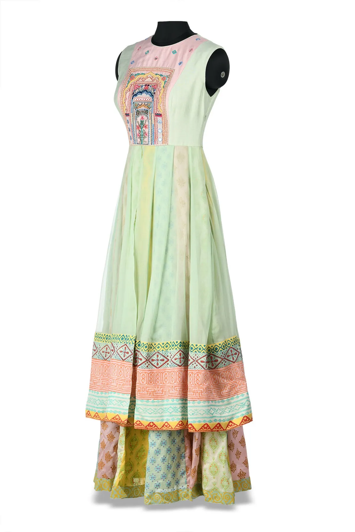 50Z178-RO Green, Pink and Yellow Layered Anarkali with Embroidery