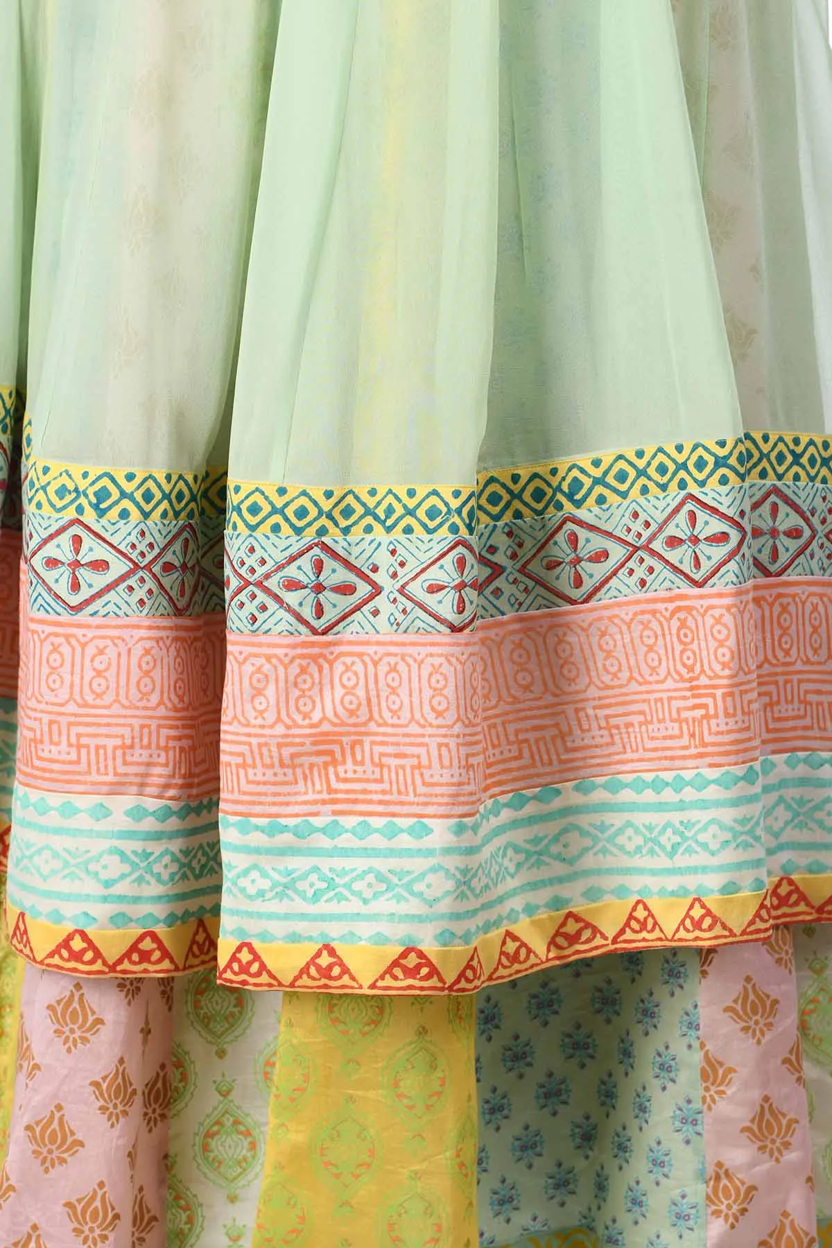 50Z178-RO Green, Pink and Yellow Layered Anarkali with Embroidery