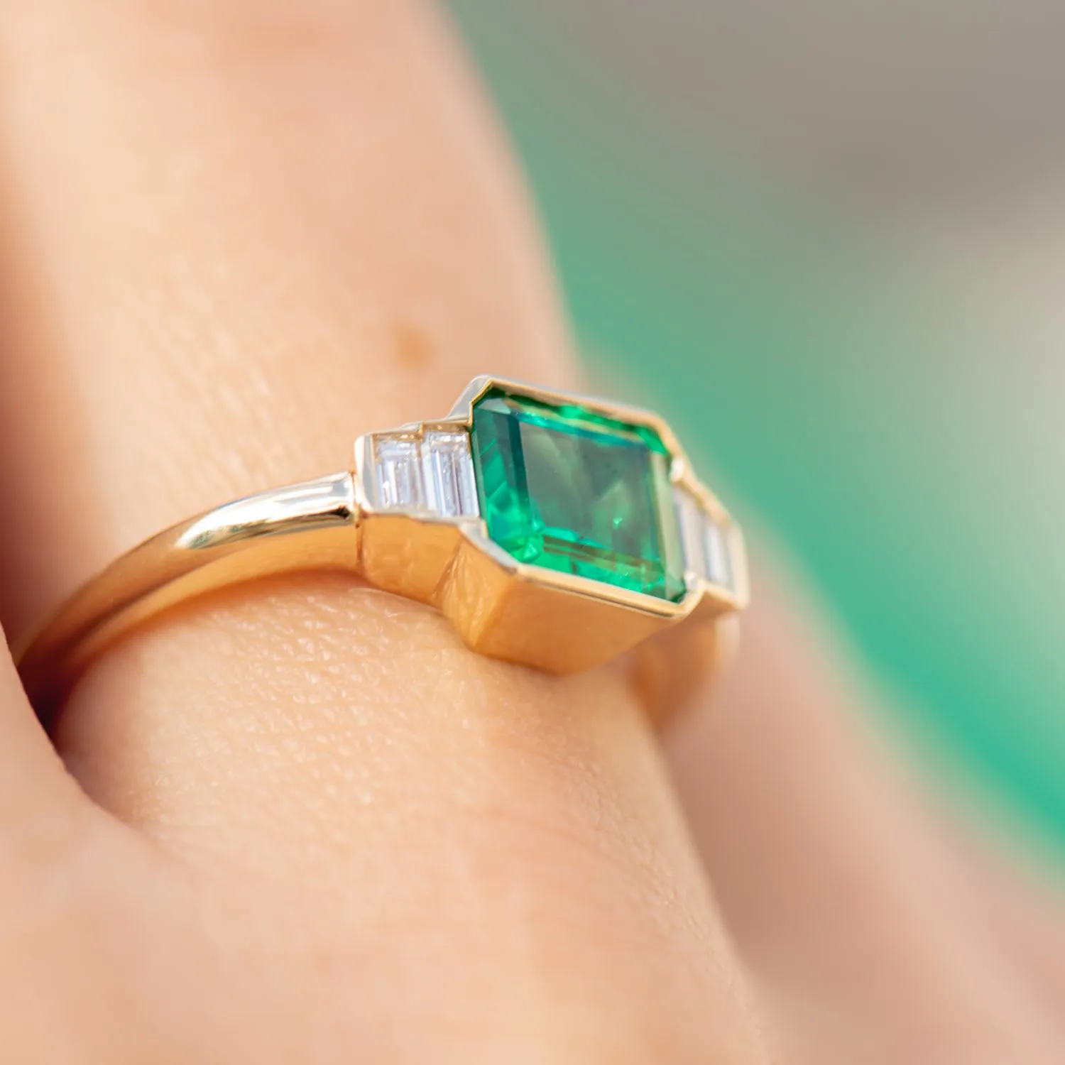 Art Deco Emerald Engagement Ring with Baguette Diamonds