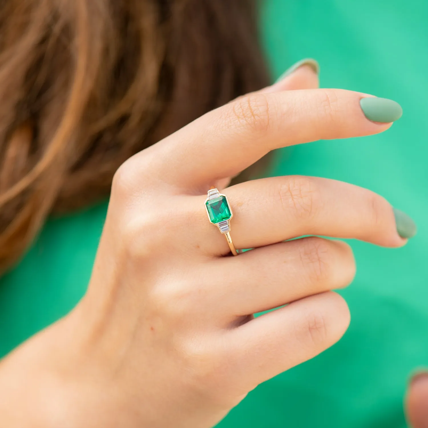 Art Deco Emerald Engagement Ring with Baguette Diamonds