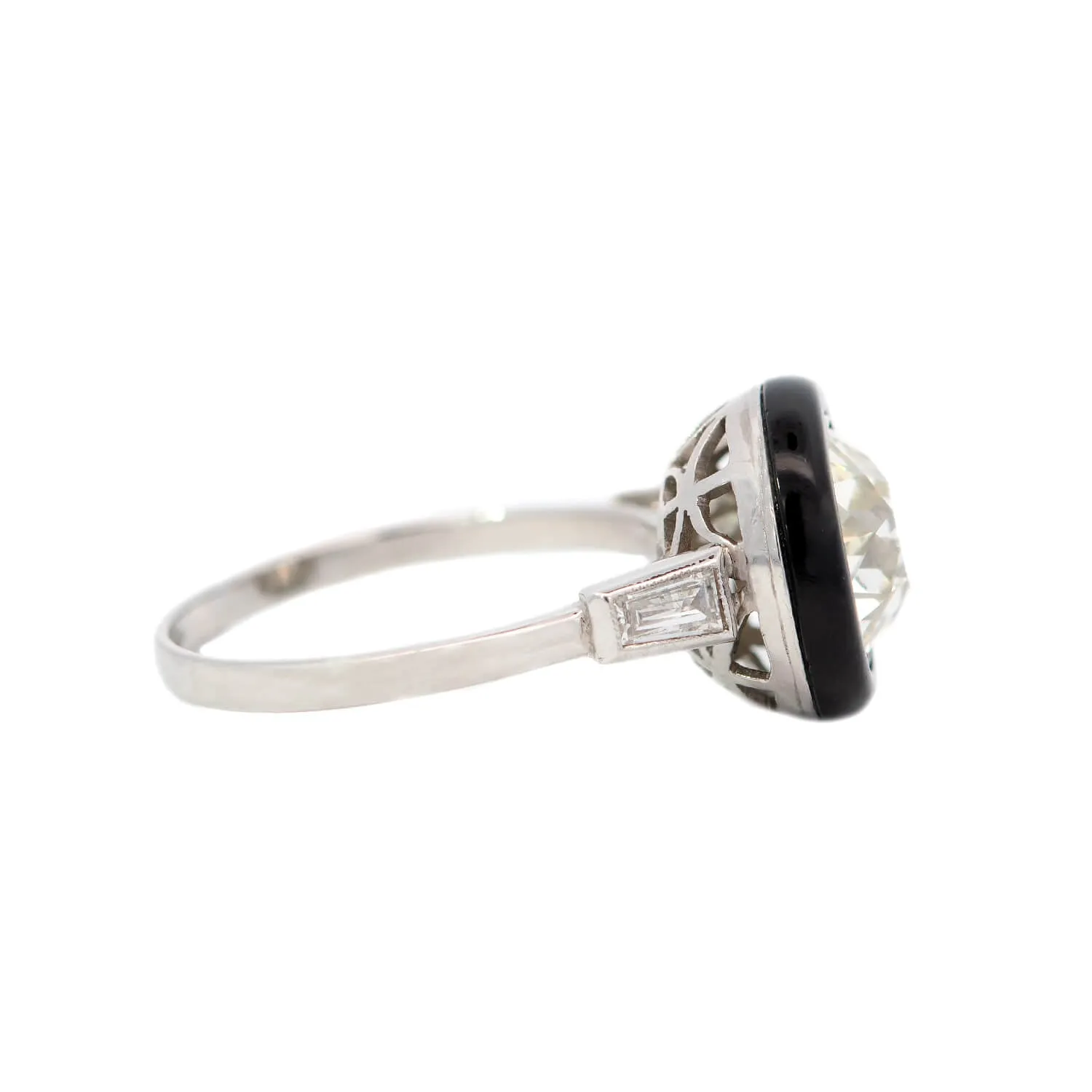 Art Deco Platinum Halo Onyx and Diamond Ring