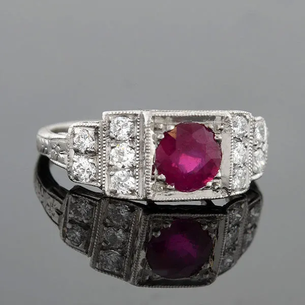 Art Deco Platinum Ruby & Diamond Step Up Ring 1.00ct