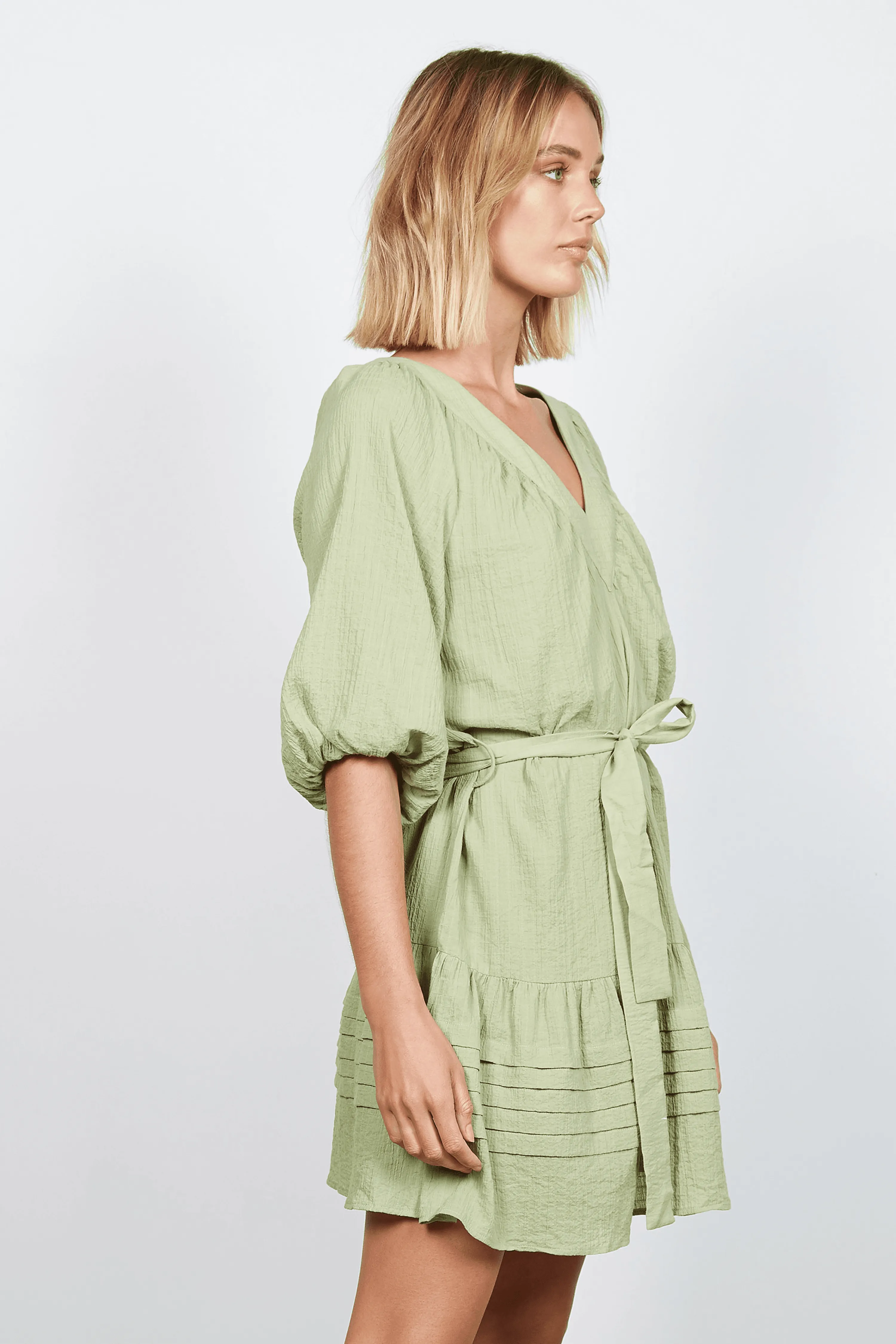 Balmoral Sage V Neck Puff Sleeve Tie Waist Mini Dress