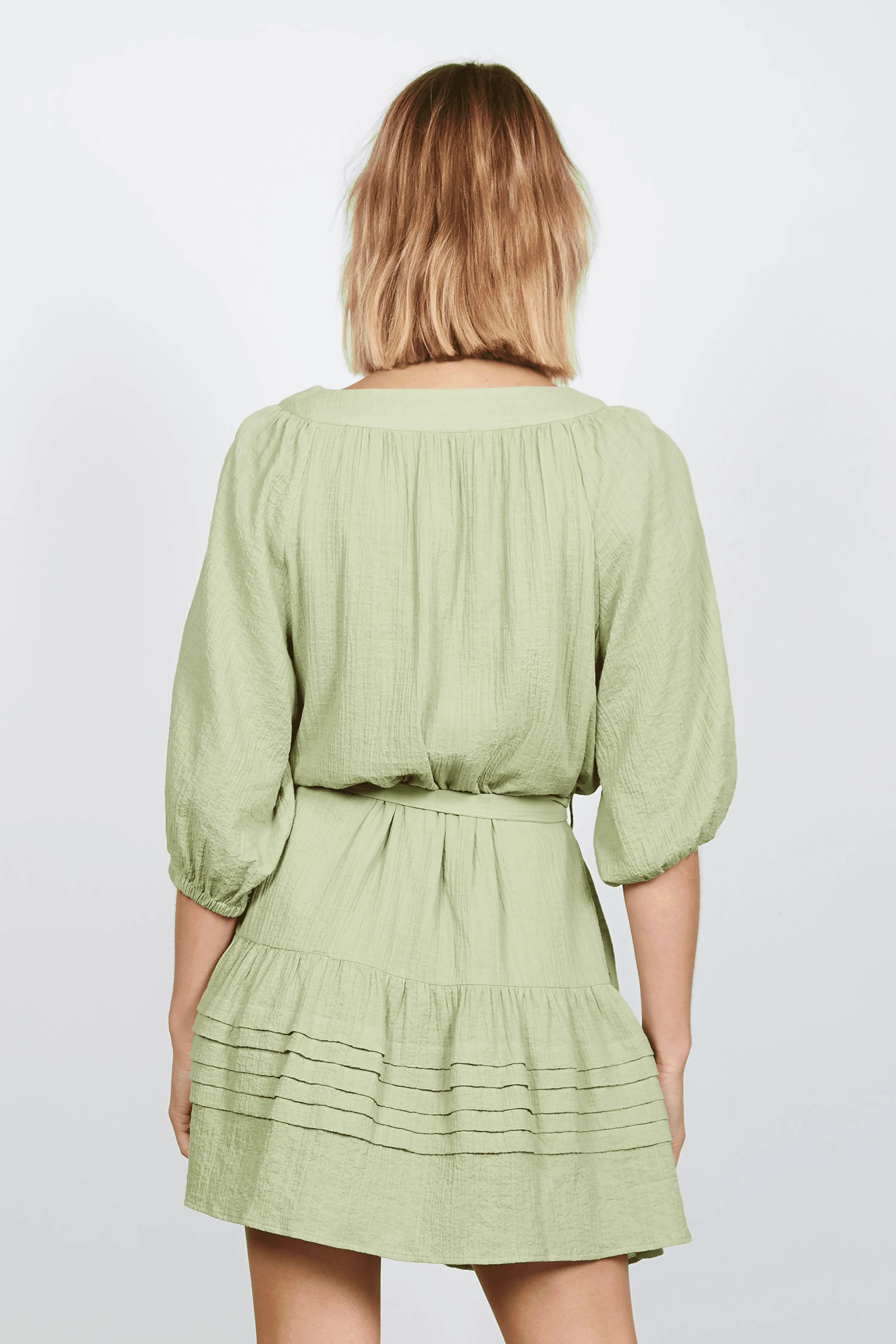 Balmoral Sage V Neck Puff Sleeve Tie Waist Mini Dress