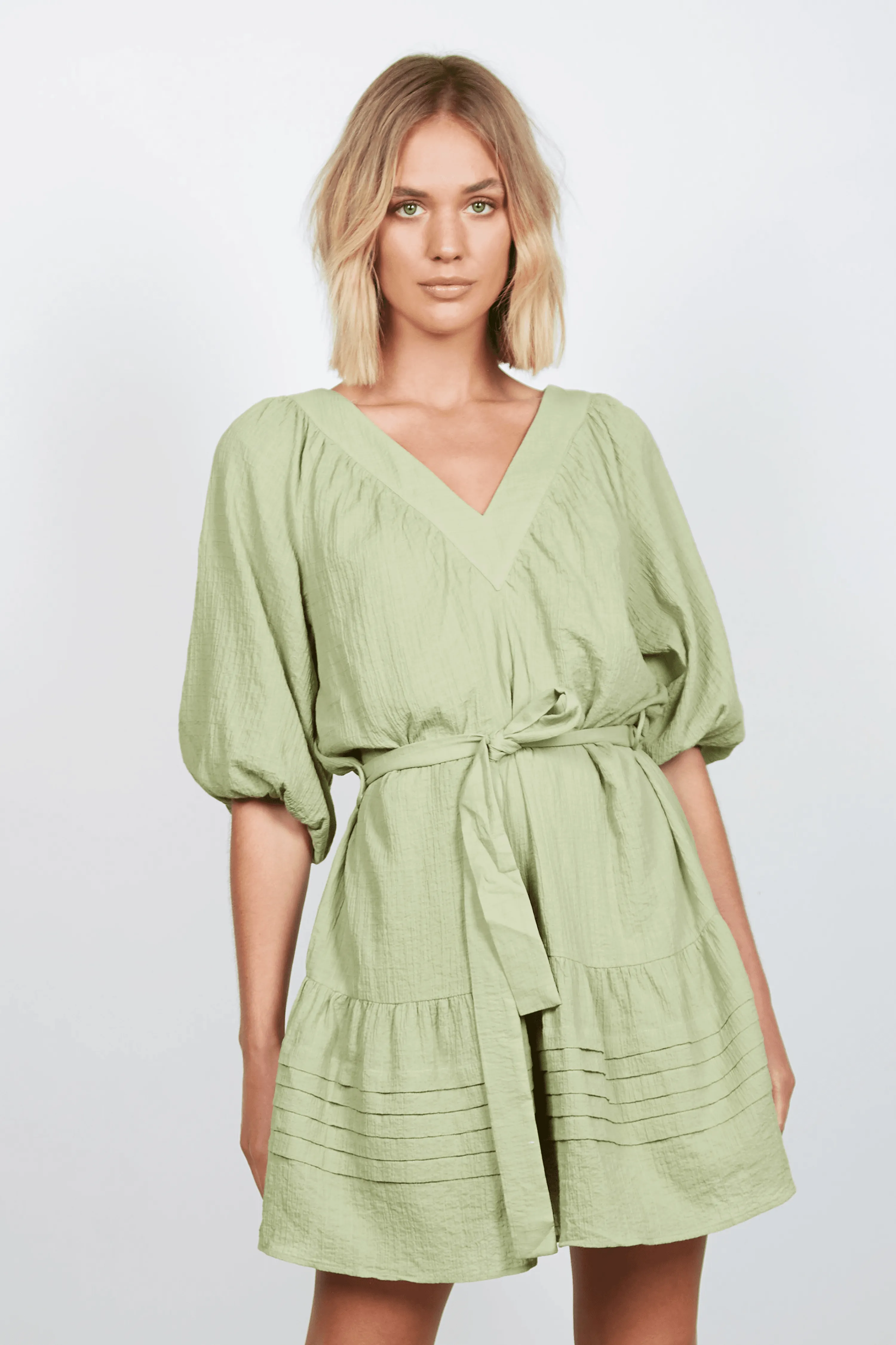 Balmoral Sage V Neck Puff Sleeve Tie Waist Mini Dress