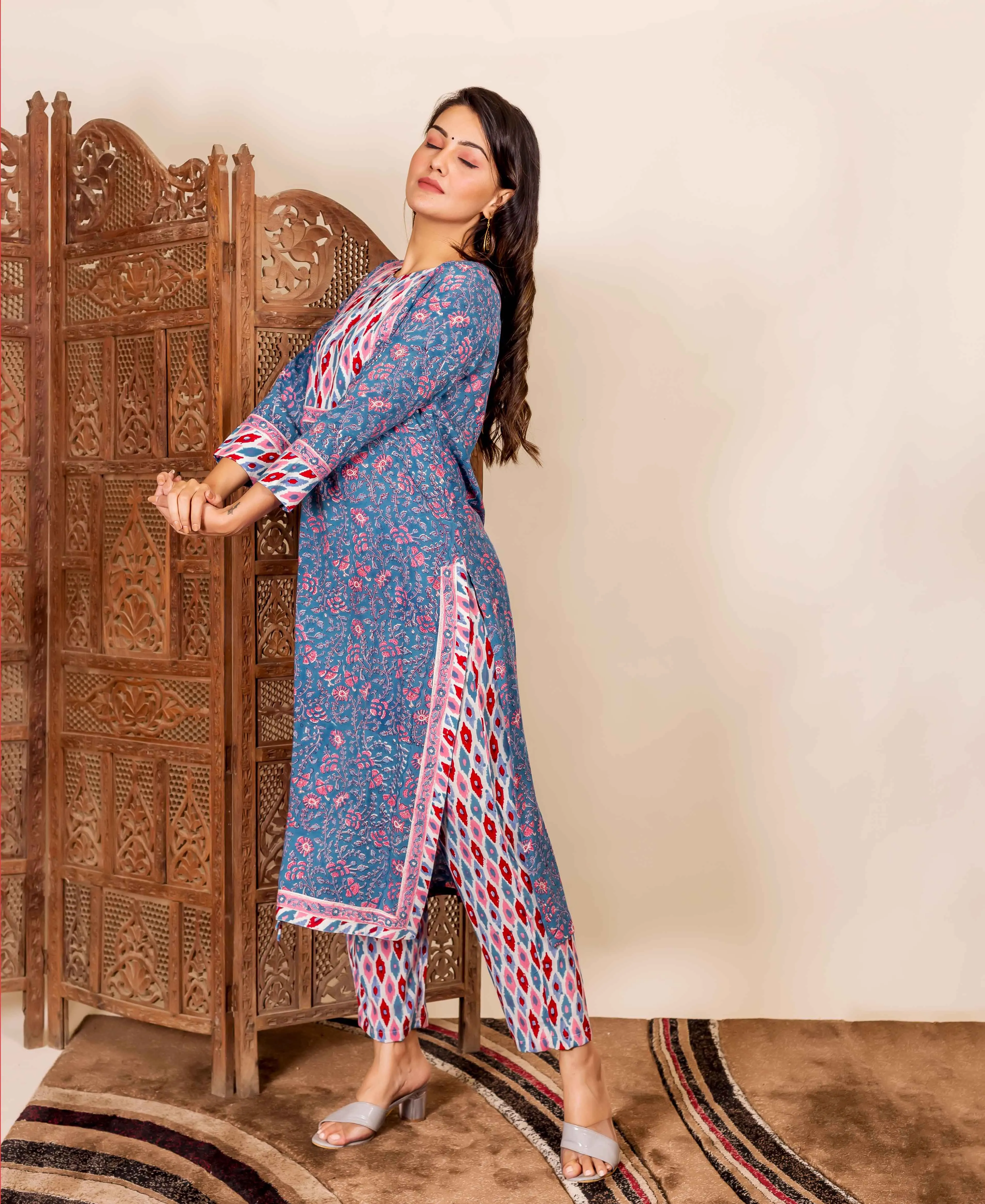 Blue and Pink Hand Block Printed Kurta