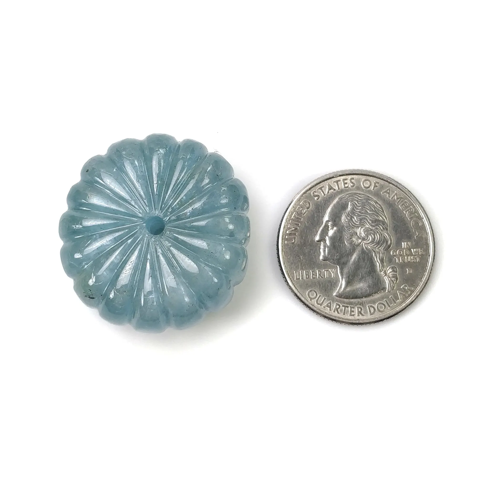 BLUE AQUAMARINE Gemstone Carving  : 104.05cts Natural Untreated Aqua Drilled Both Side Hand Carved Round Shape 30mm