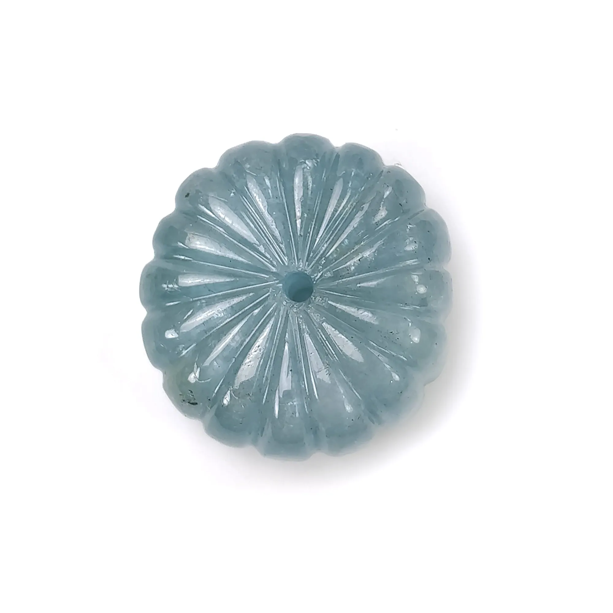 BLUE AQUAMARINE Gemstone Carving  : 104.05cts Natural Untreated Aqua Drilled Both Side Hand Carved Round Shape 30mm