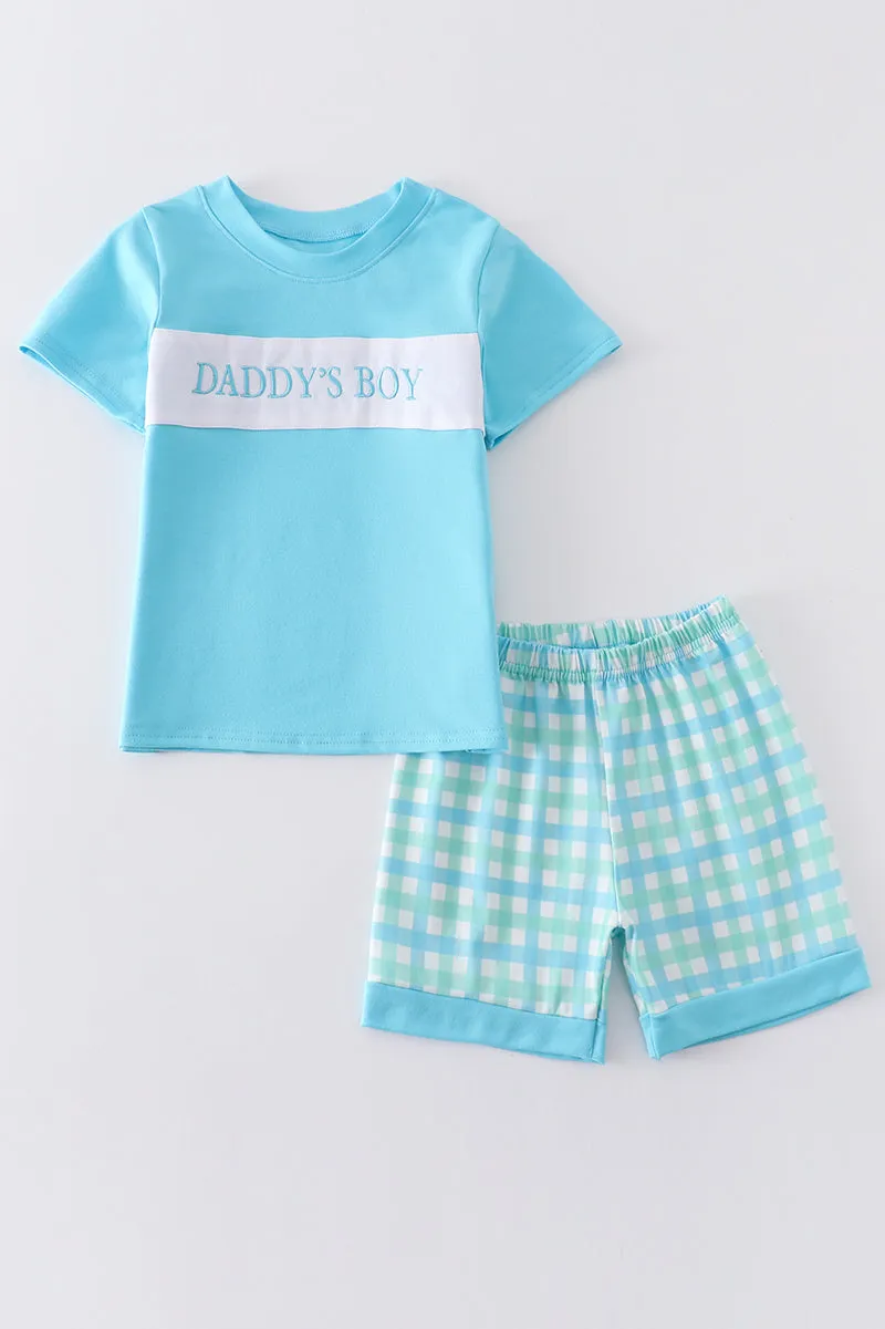 Blue daddy's boy embroidery plaid set