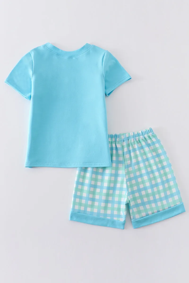 Blue daddy's boy embroidery plaid set