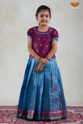 Blue Golden Shell Pattu Pavadai For Girls in Round Neck