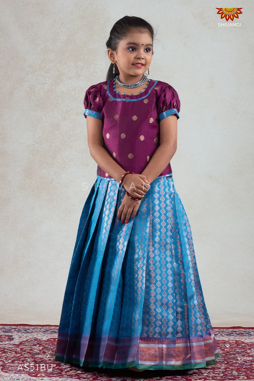 Blue Golden Shell Pattu Pavadai For Girls in Round Neck