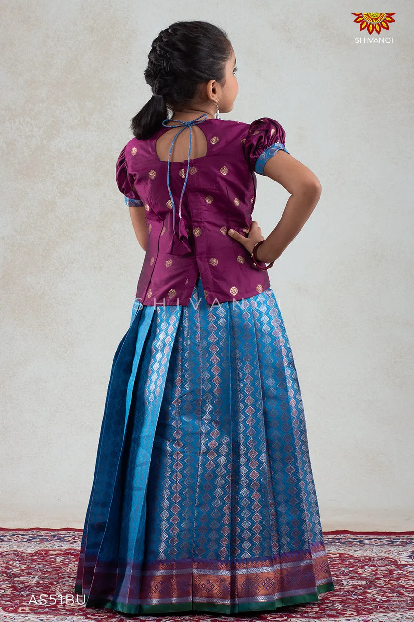 Blue Golden Shell Pattu Pavadai For Girls in Round Neck