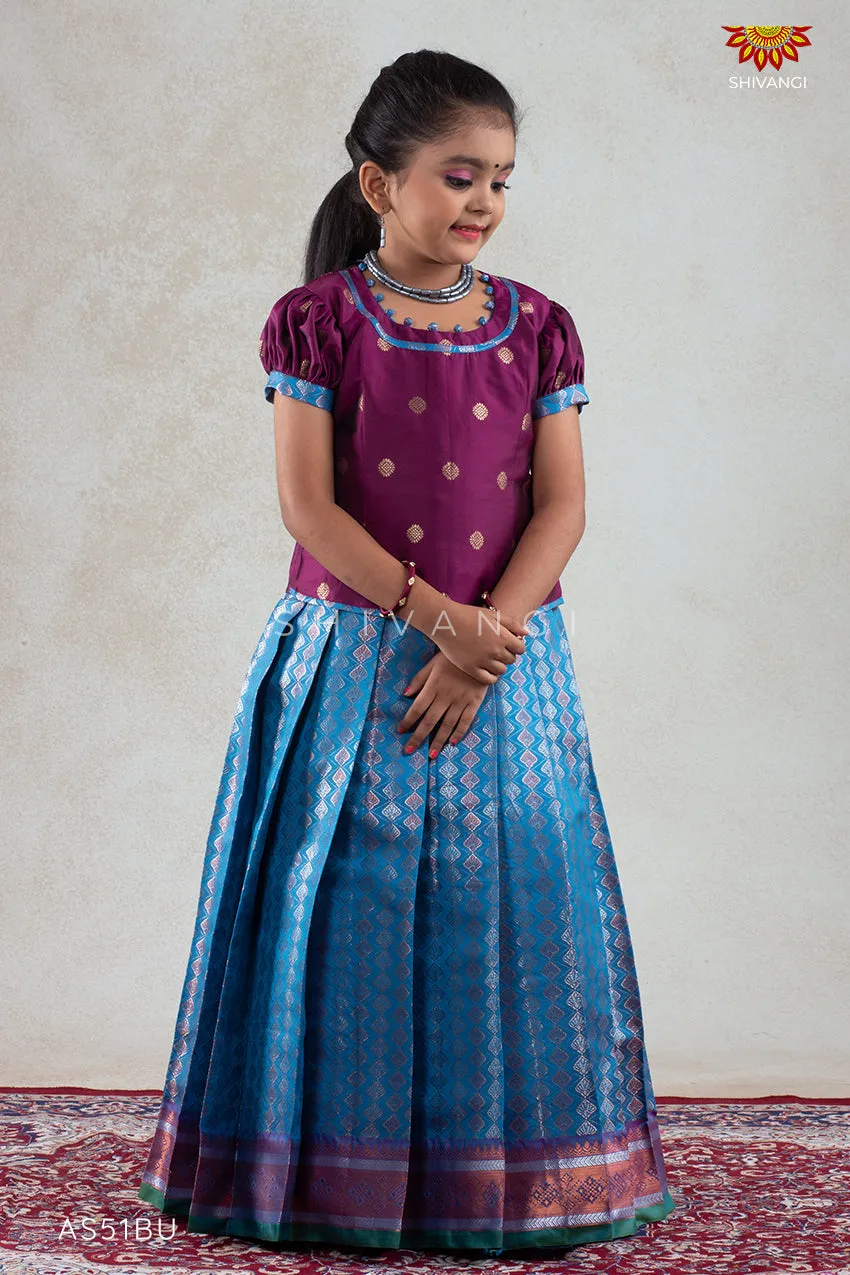 Blue Golden Shell Pattu Pavadai For Girls in Round Neck