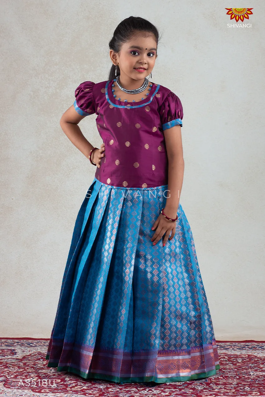 Blue Golden Shell Pattu Pavadai For Girls in Round Neck