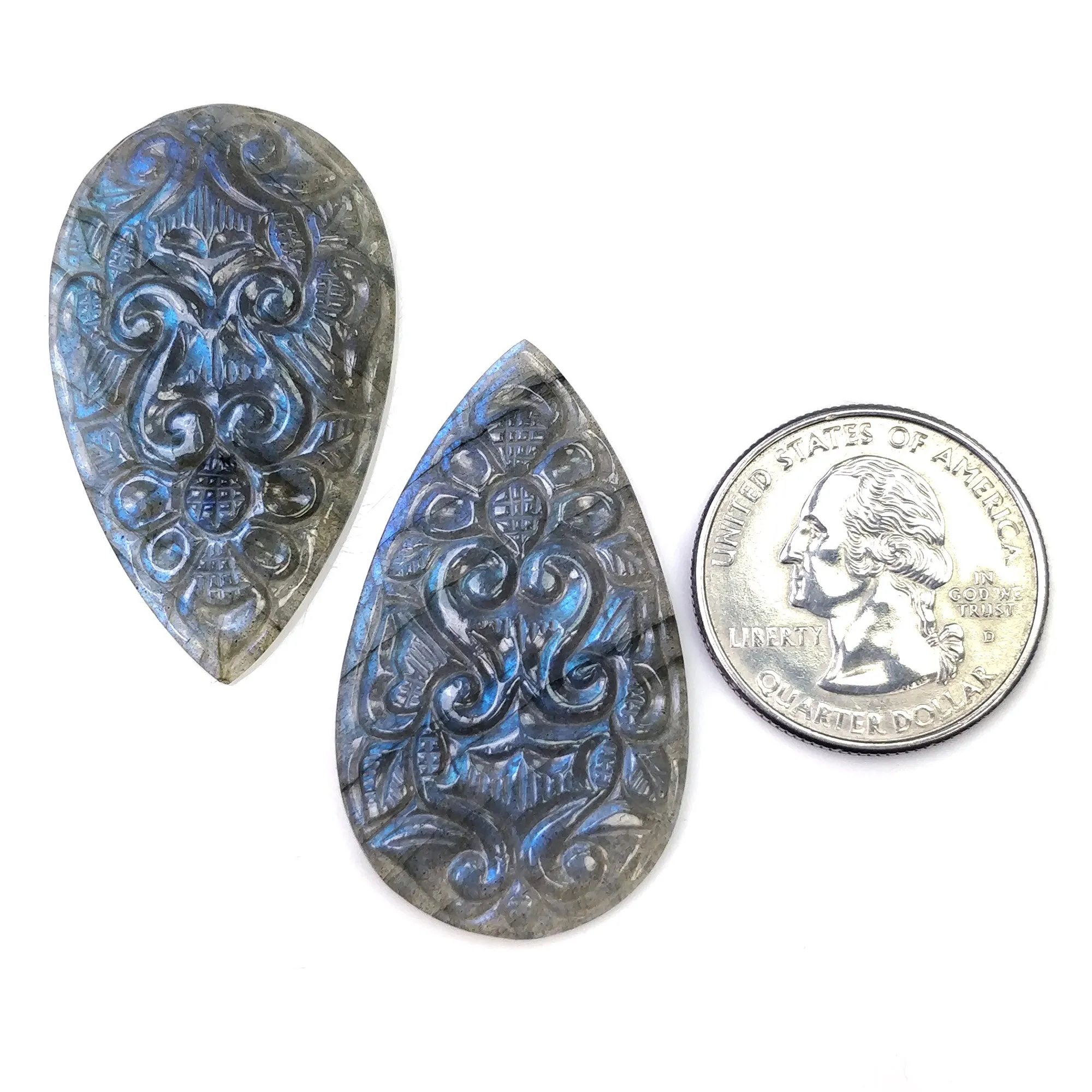 BLUE LABRADORITE Gemstone Carving: 70.00cts Natural Untreated Labradorite Gemstone Hand Carved  Pear 41*24mm Pair (With Video)