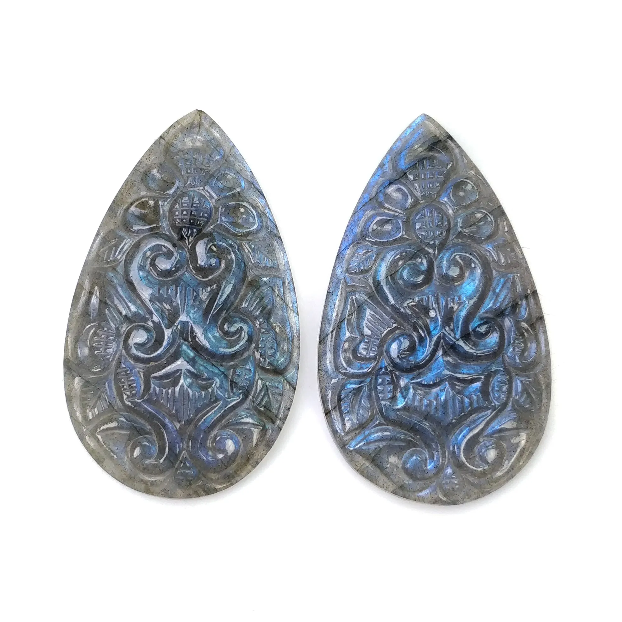 BLUE LABRADORITE Gemstone Carving: 70.00cts Natural Untreated Labradorite Gemstone Hand Carved  Pear 41*24mm Pair (With Video)