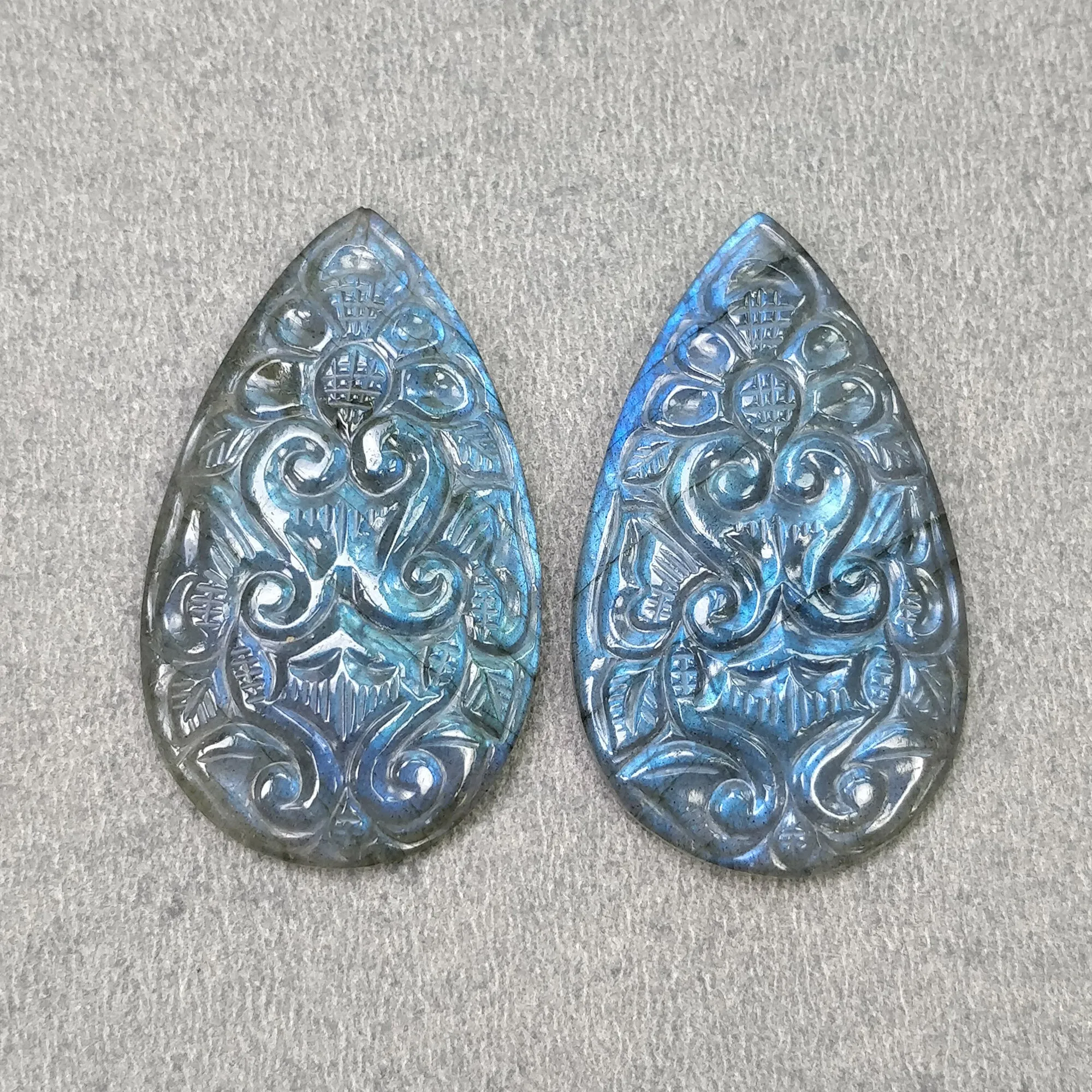 BLUE LABRADORITE Gemstone Carving: 70.00cts Natural Untreated Labradorite Gemstone Hand Carved  Pear 41*24mm Pair (With Video)