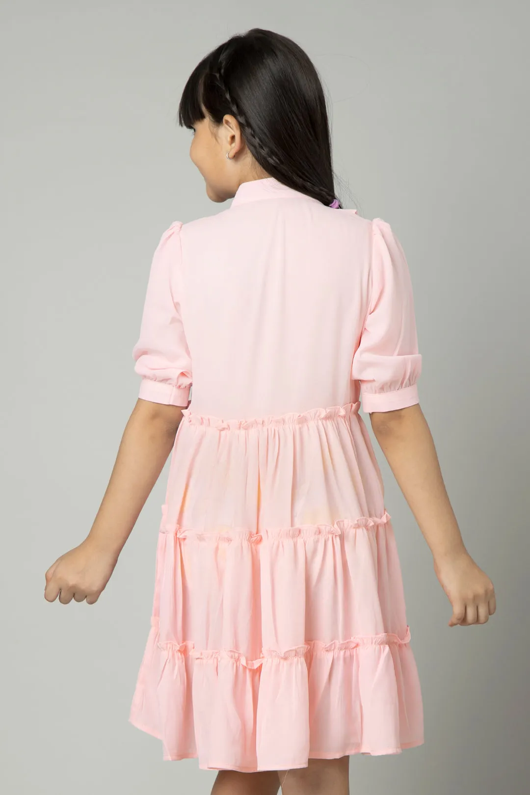 Blush Pink Puff Sleeve Ruffle Shirt Dress For Girls