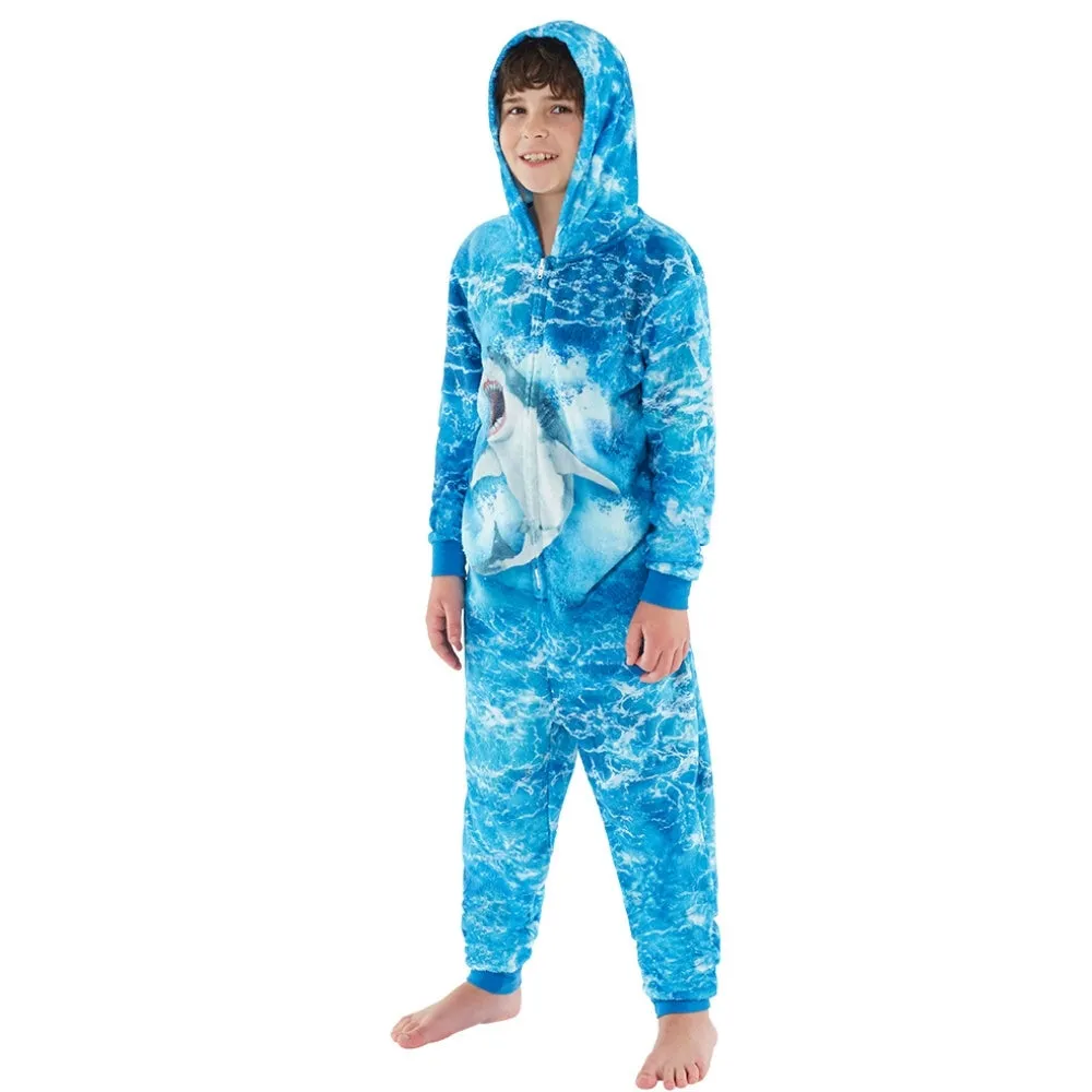 Boys Blue Digital Print Shark Onesie