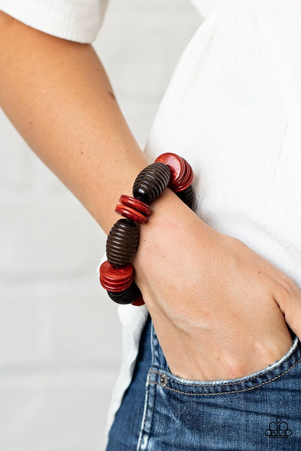 Caribbean Castaway Red and Brown Wood Bracelet - Paparazzi Accessories