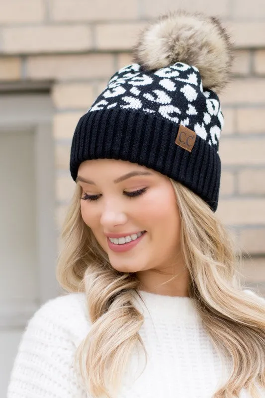 C.C Leopard Faux Fur Pom Beanie