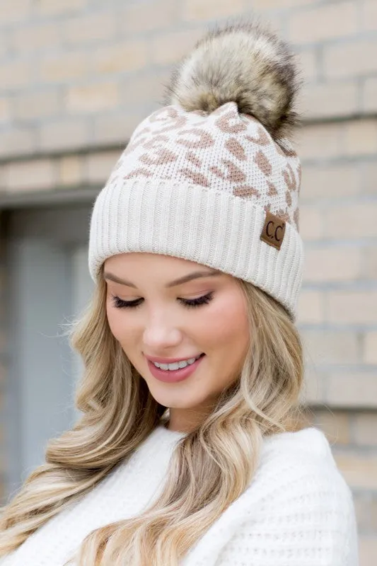 C.C Leopard Faux Fur Pom Beanie