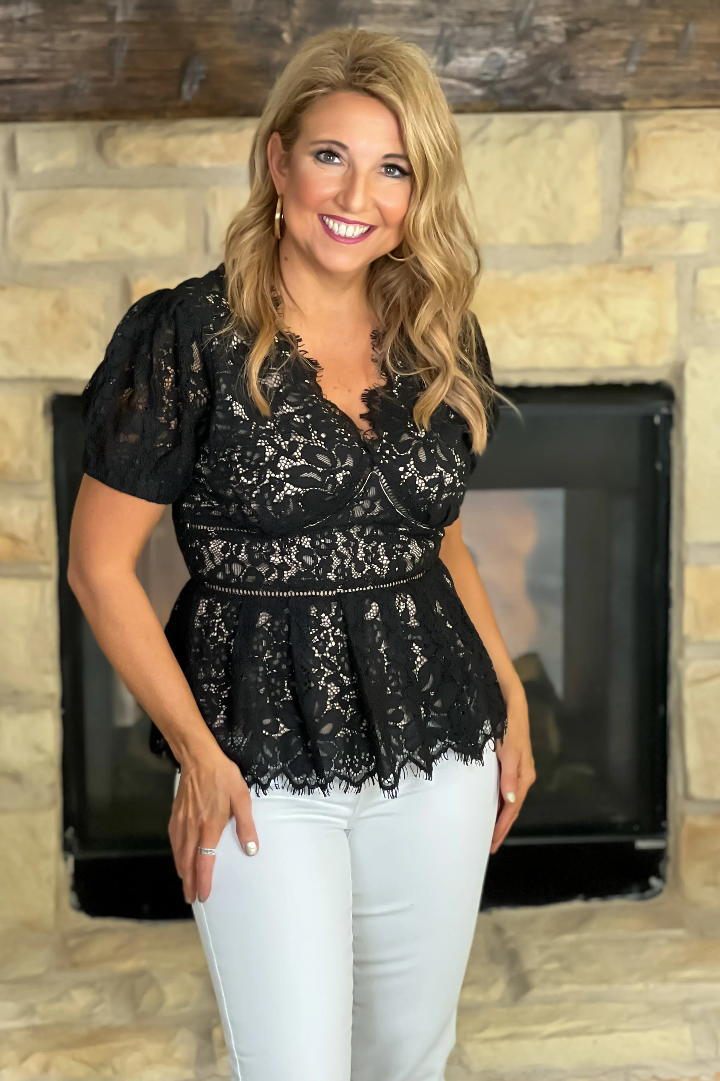 Champagne Ready Lace Peplum Puff Sleeve Blouse : Black/Nude