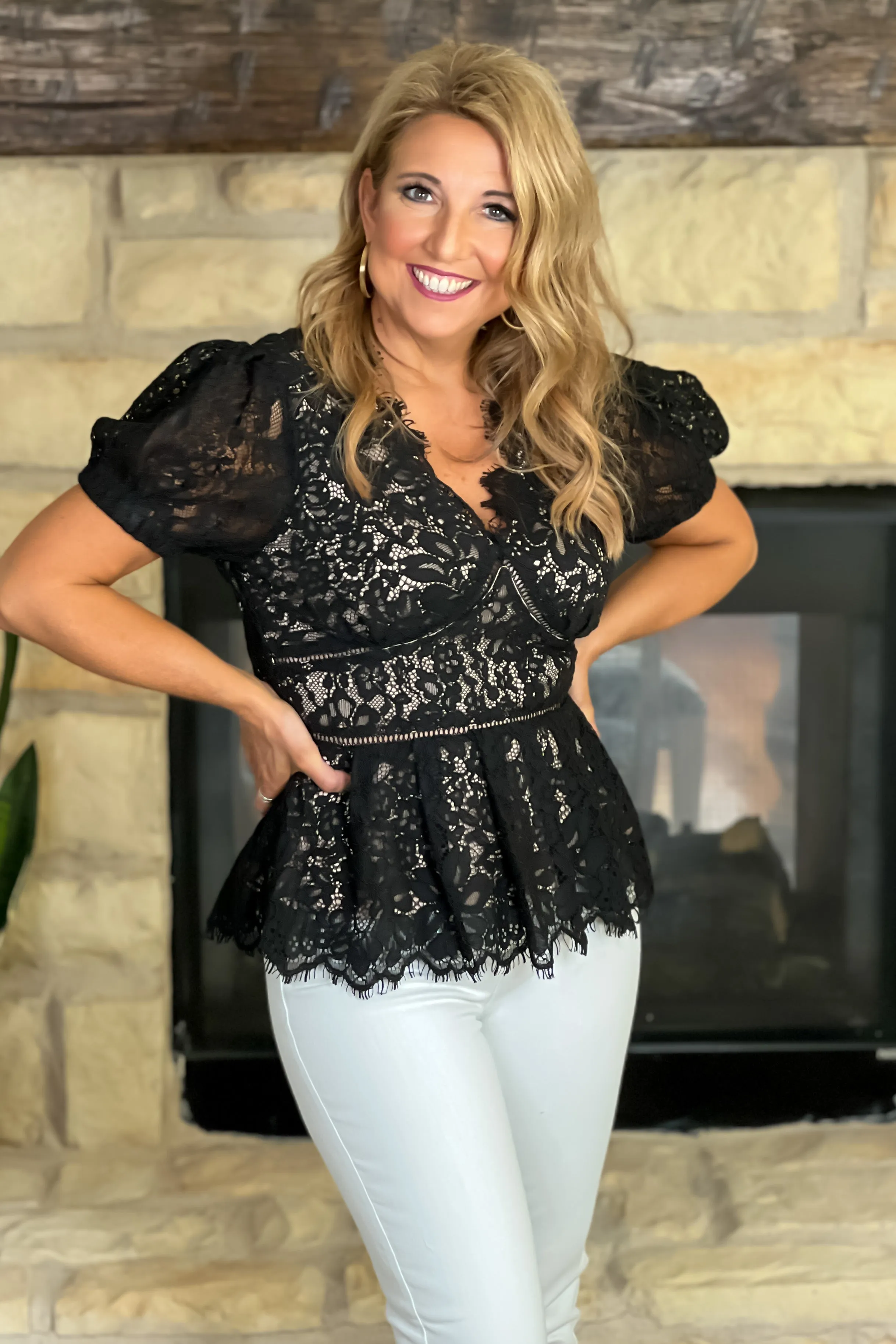 Champagne Ready Lace Peplum Puff Sleeve Blouse : Black/Nude