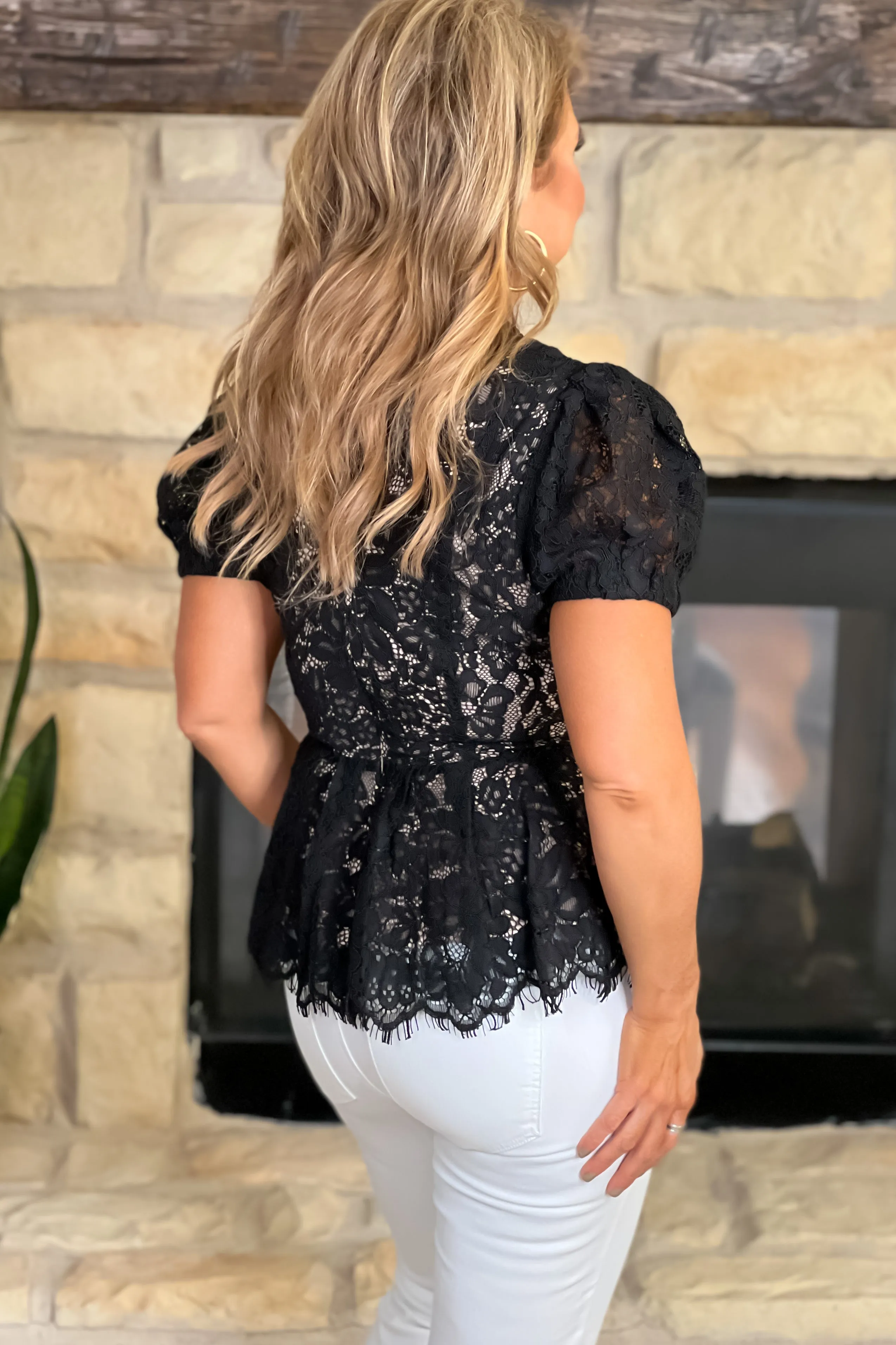 Champagne Ready Lace Peplum Puff Sleeve Blouse : Black/Nude