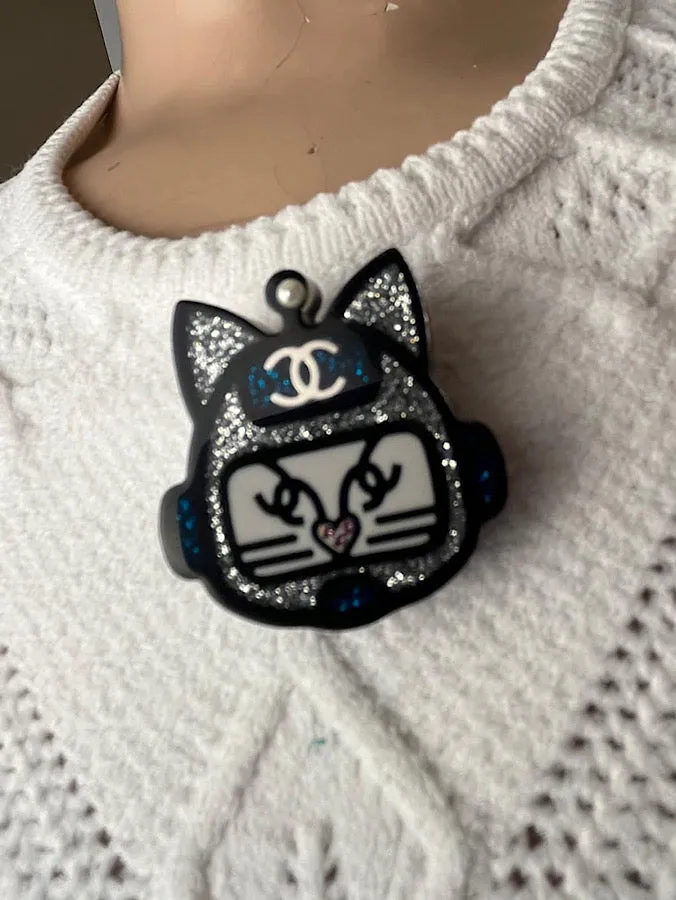 Chanel 2017 17S Resin Emoji Robot Cat Brooch Silver Blue Pin