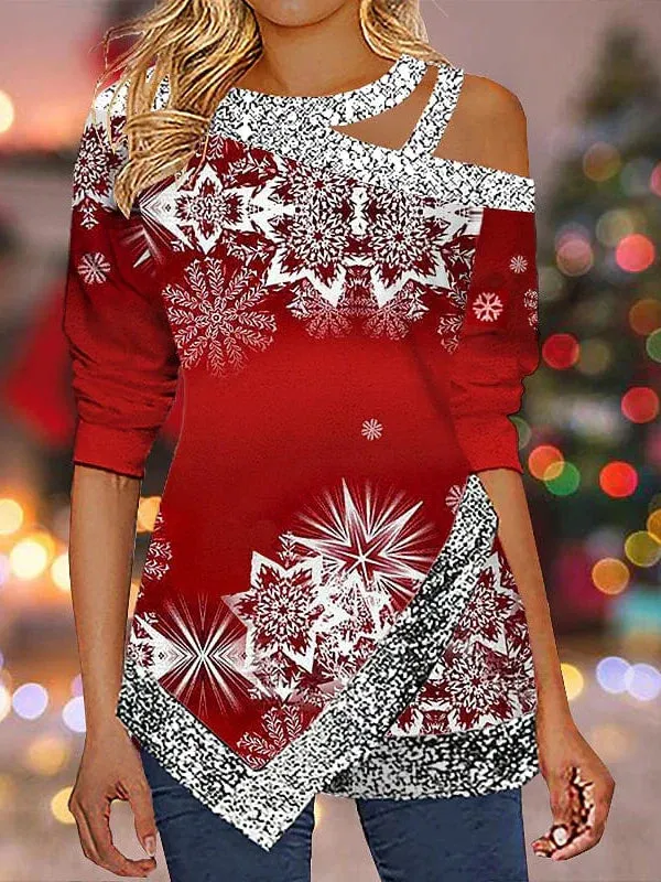 Christmas Snowflake Sparkle Women's Shirt with Cut-Out Asymmetric Long Sleeves