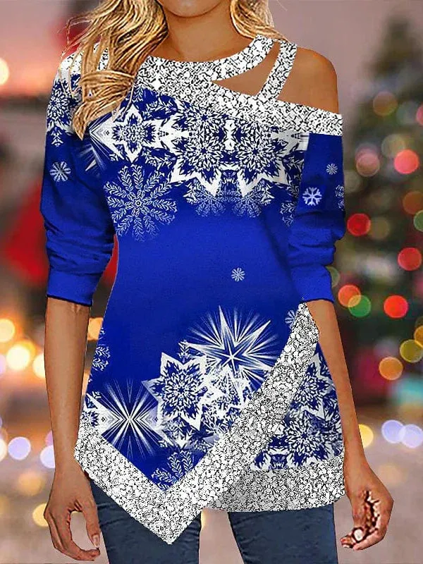 Christmas Snowflake Sparkle Women's Shirt with Cut-Out Asymmetric Long Sleeves