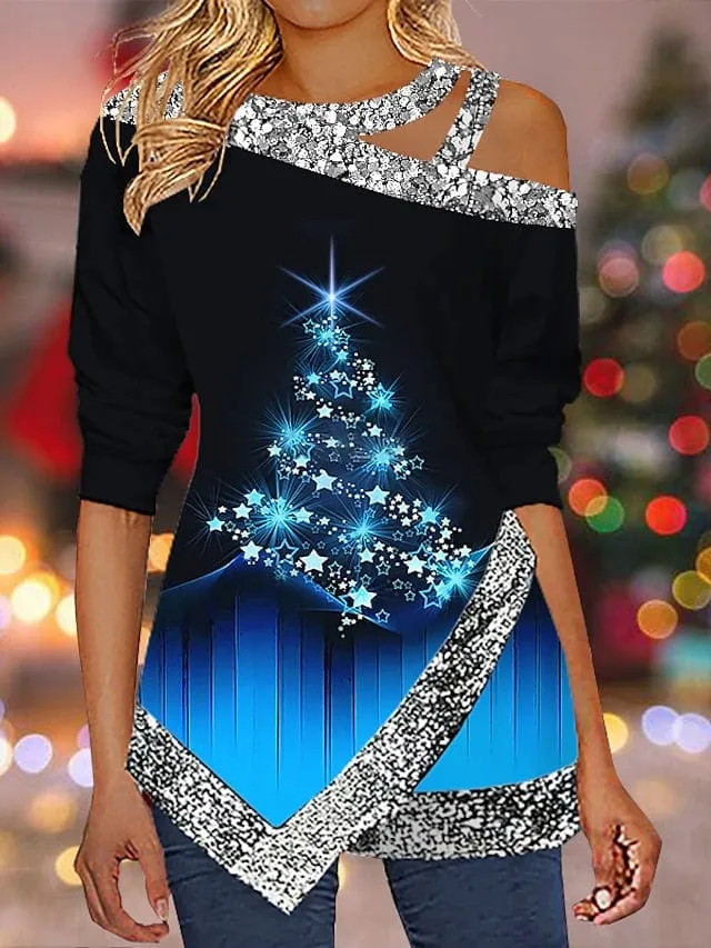 Christmas Snowflake Sparkle Women's Shirt with Cut-Out Asymmetric Long Sleeves