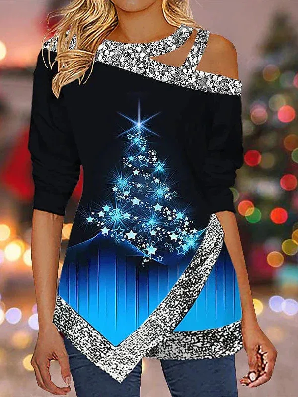 Christmas Snowflake Sparkle Women's Shirt with Cut-Out Asymmetric Long Sleeves